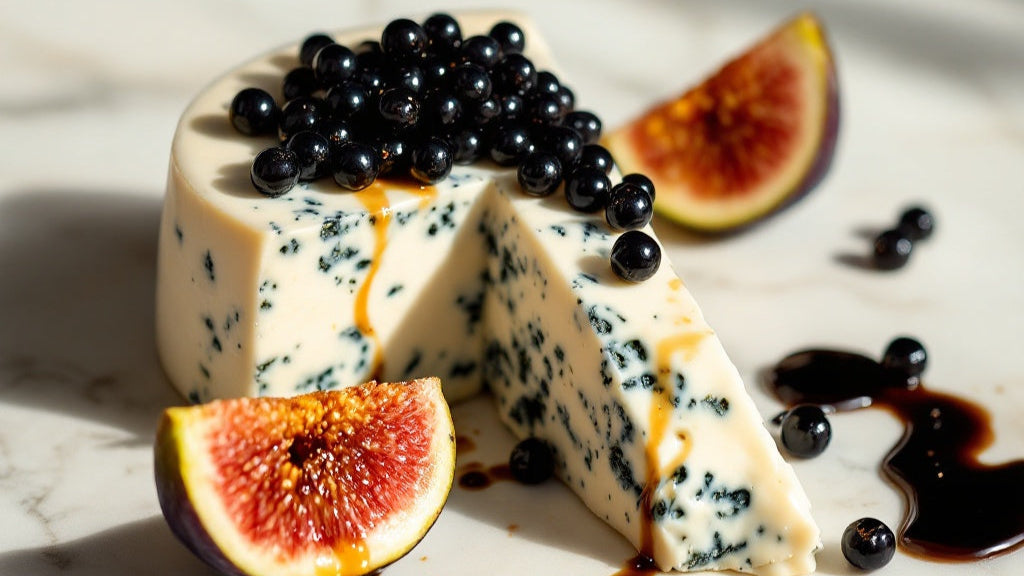 Sticky balsamic pearls over sliced cheese with figs, black pearls on top
