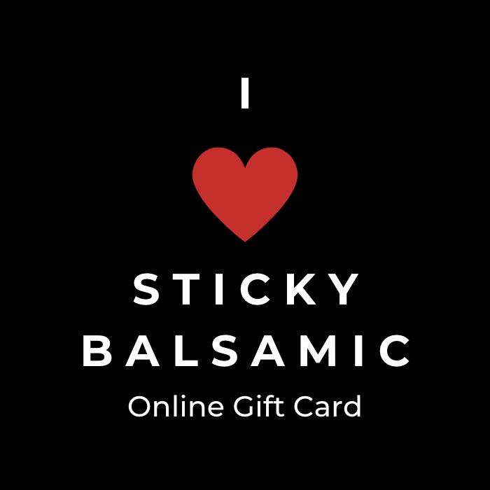 Online gift card with black background, red heart, and Sticky Balsamic text
