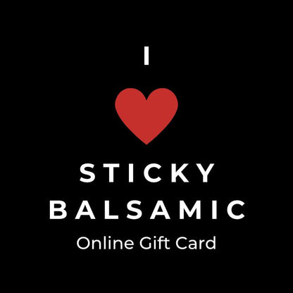 Online gift card with black background, red heart, and Sticky Balsamic text