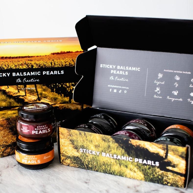 Sticky balsamic pearls gift box with jars and spoon set