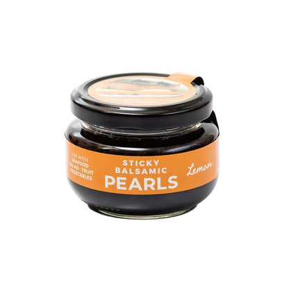 Balsamic pearls jar with orange label and black double lid