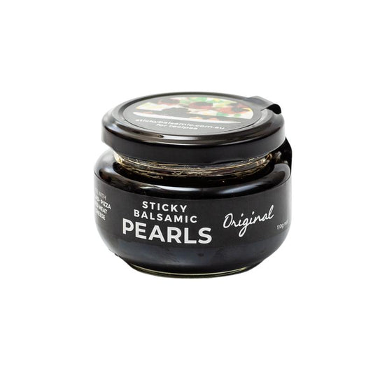 Sticky balsamic pearls jar with black glass body and sealed lid
