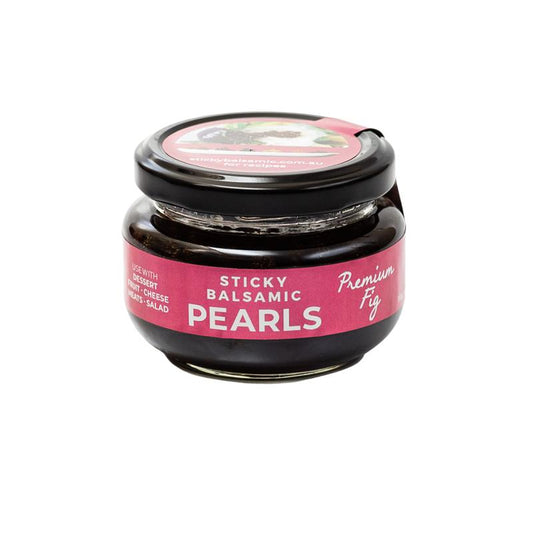 Sticky balsamic pearls jar, black glass container with pink label