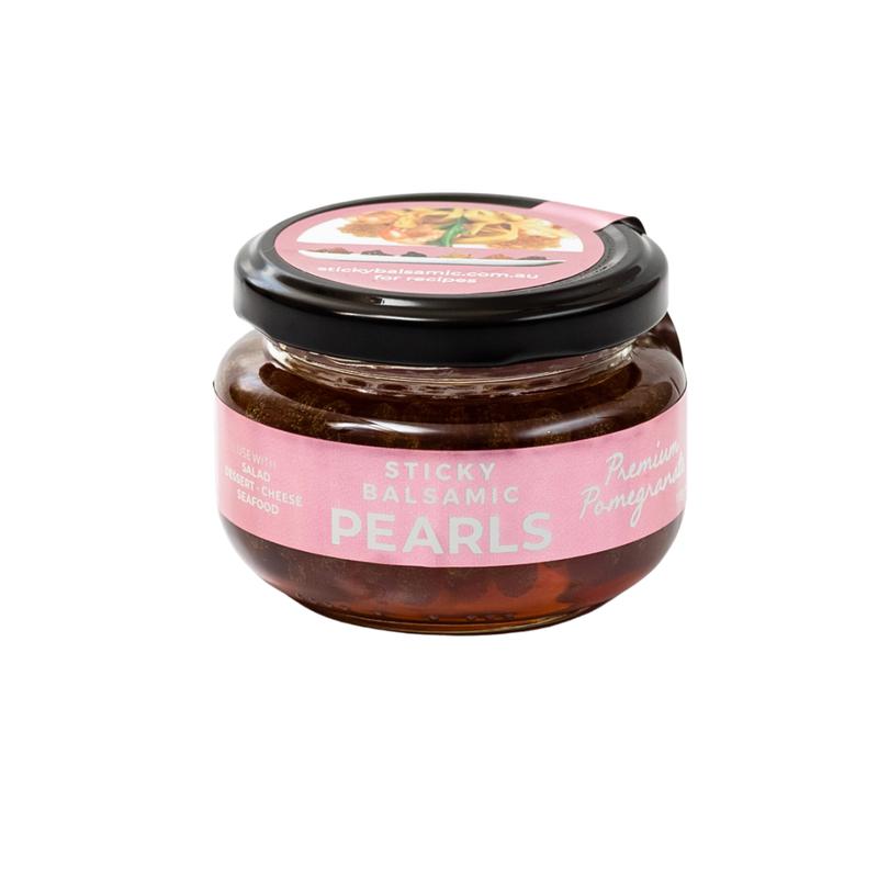 Sticky balsamic pearls jar with pink label and black lid