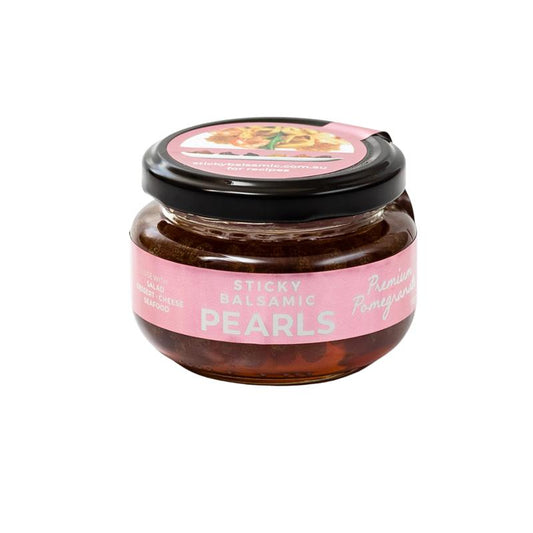 Sticky balsamic pearls jar with pink label and black lid