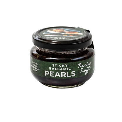 Sticky balsamic truffle pearls jar, black glass with green label