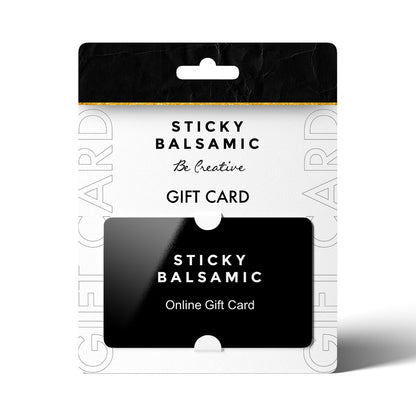 Online gift card in retail package with Sticky Balsamic branding and card front