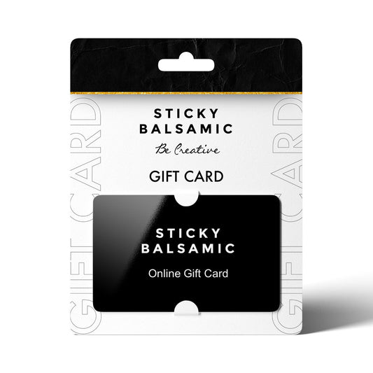 Online gift card in retail package with Sticky Balsamic branding and card front